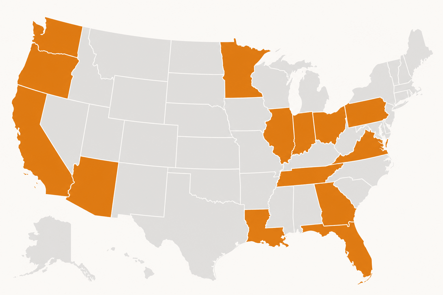 Map of the United States with Albert's licensed states highlighted in gold